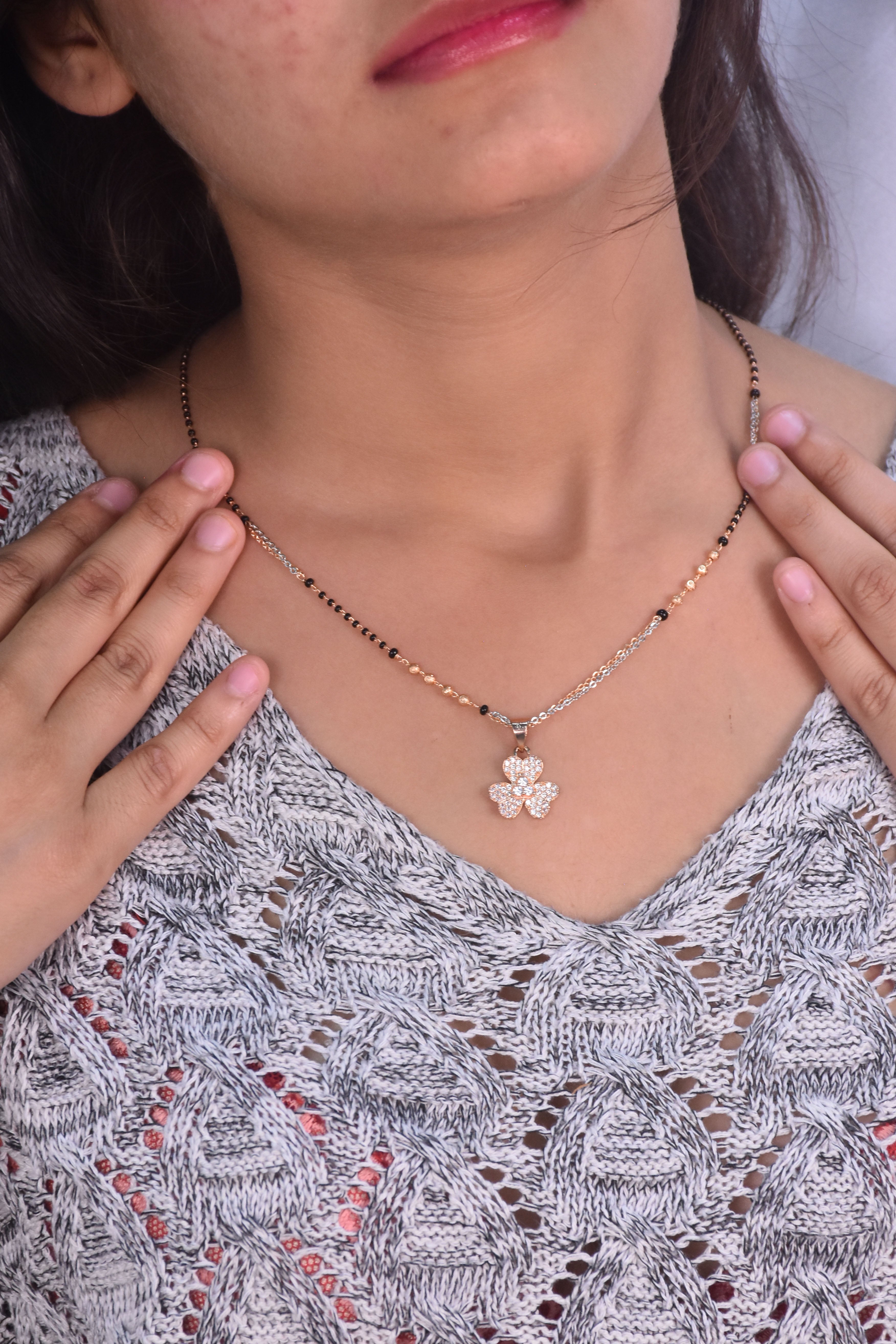 Diamond Cut CZ Stoned Floral Gold-Plated Trendy Mangalsutra