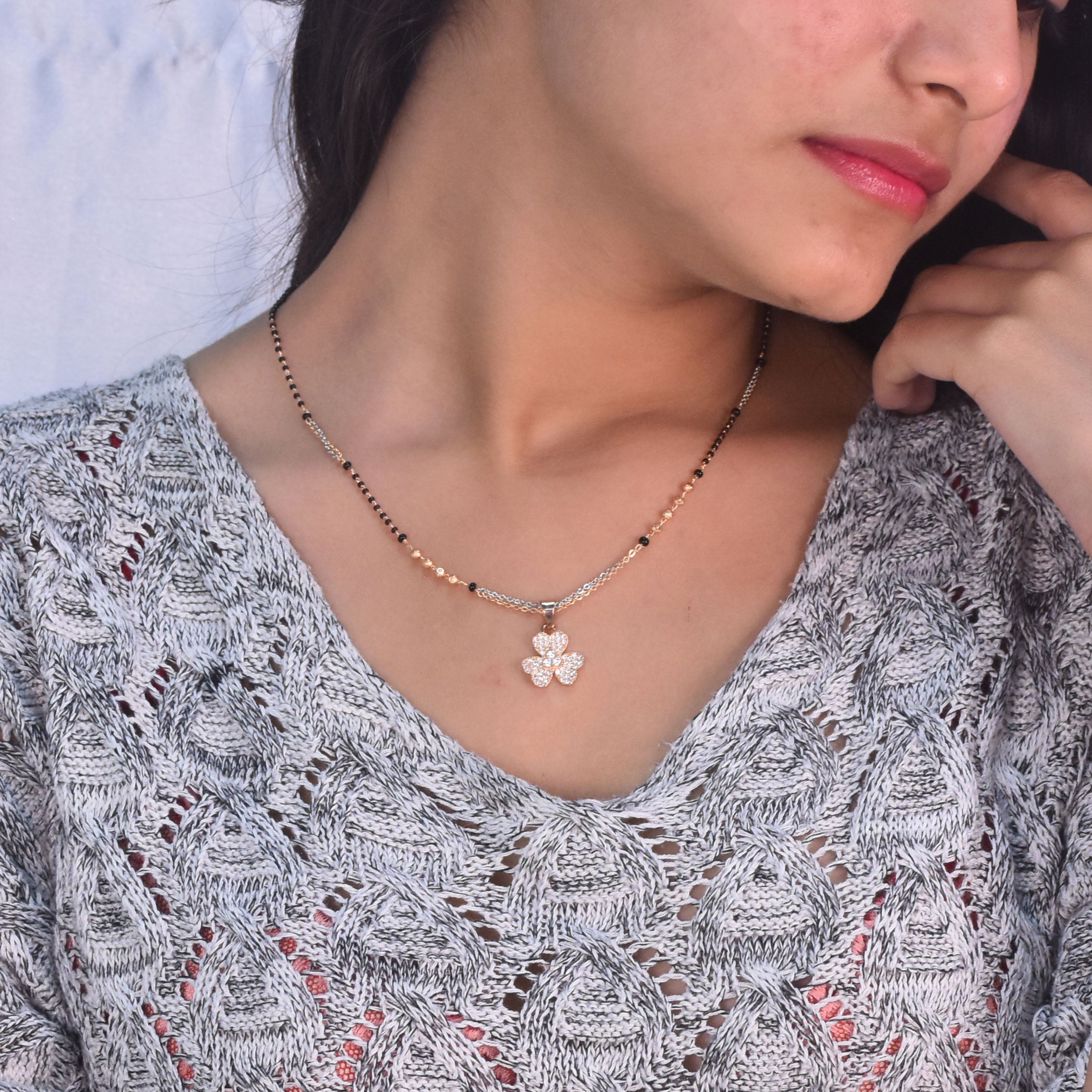 Diamond Cut CZ Stoned Floral Gold-Plated Trendy Mangalsutra