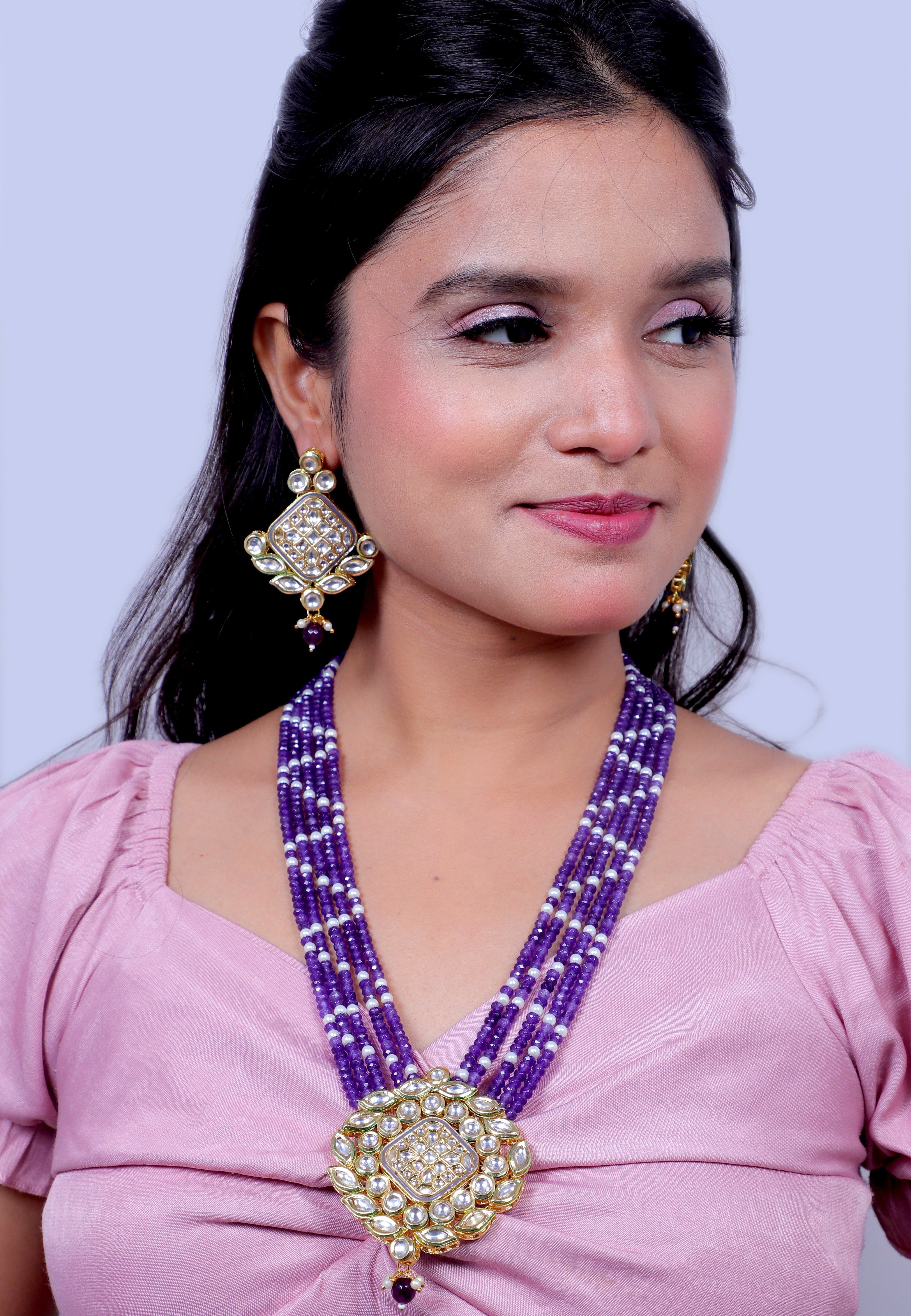 Kundan Meenakari Deep Purple Onyx Beads(Life-Time) Authencity and Gold Detailing Necklace