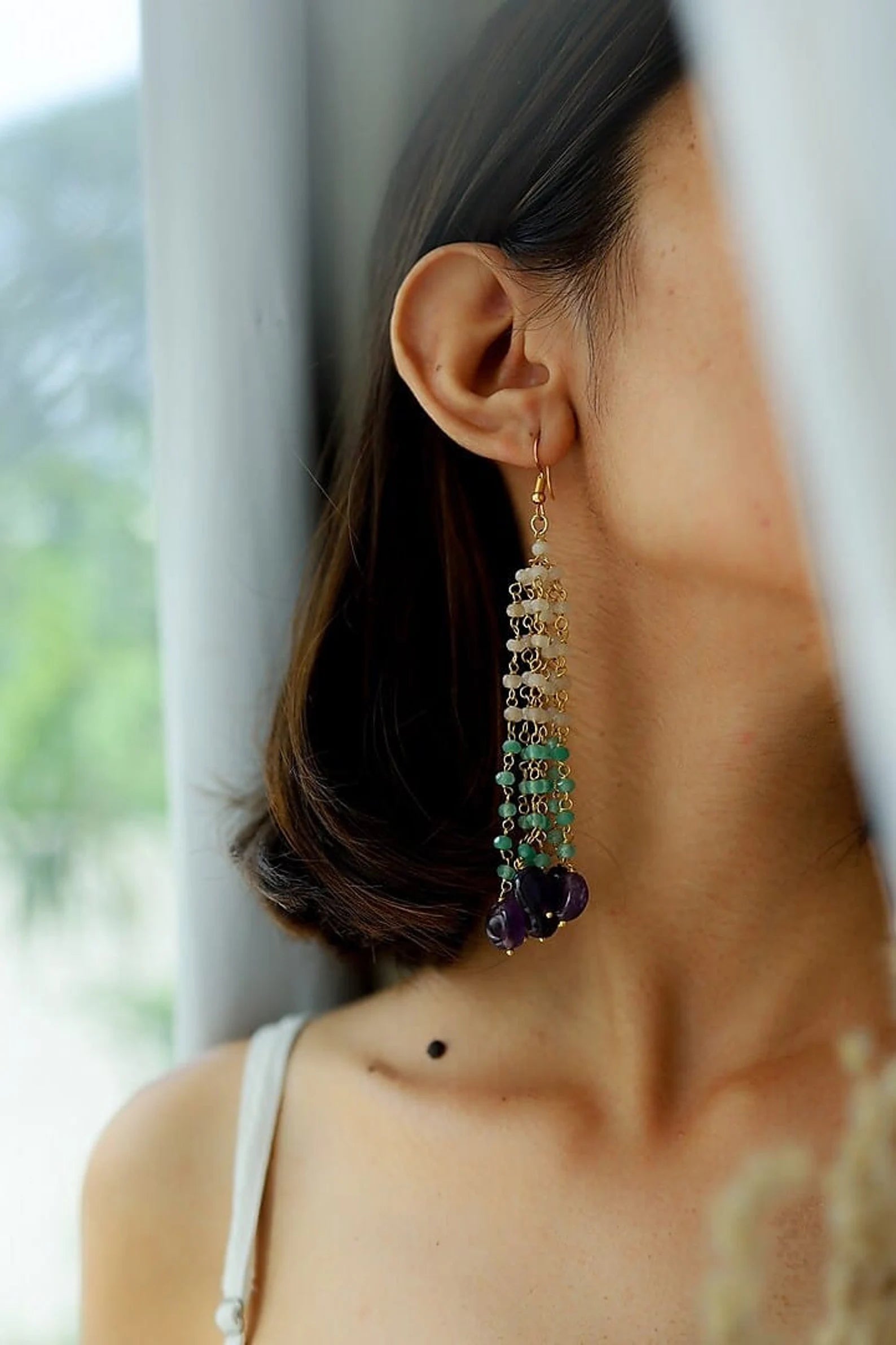 Stunning Long Chain Earrings with Beaded Onyx and Pearls for special events