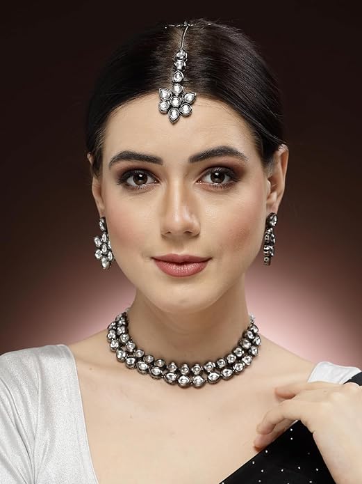 Stylish Traditional Rhodium-Plated Kundan Stone Studded Handcrafted Earrings