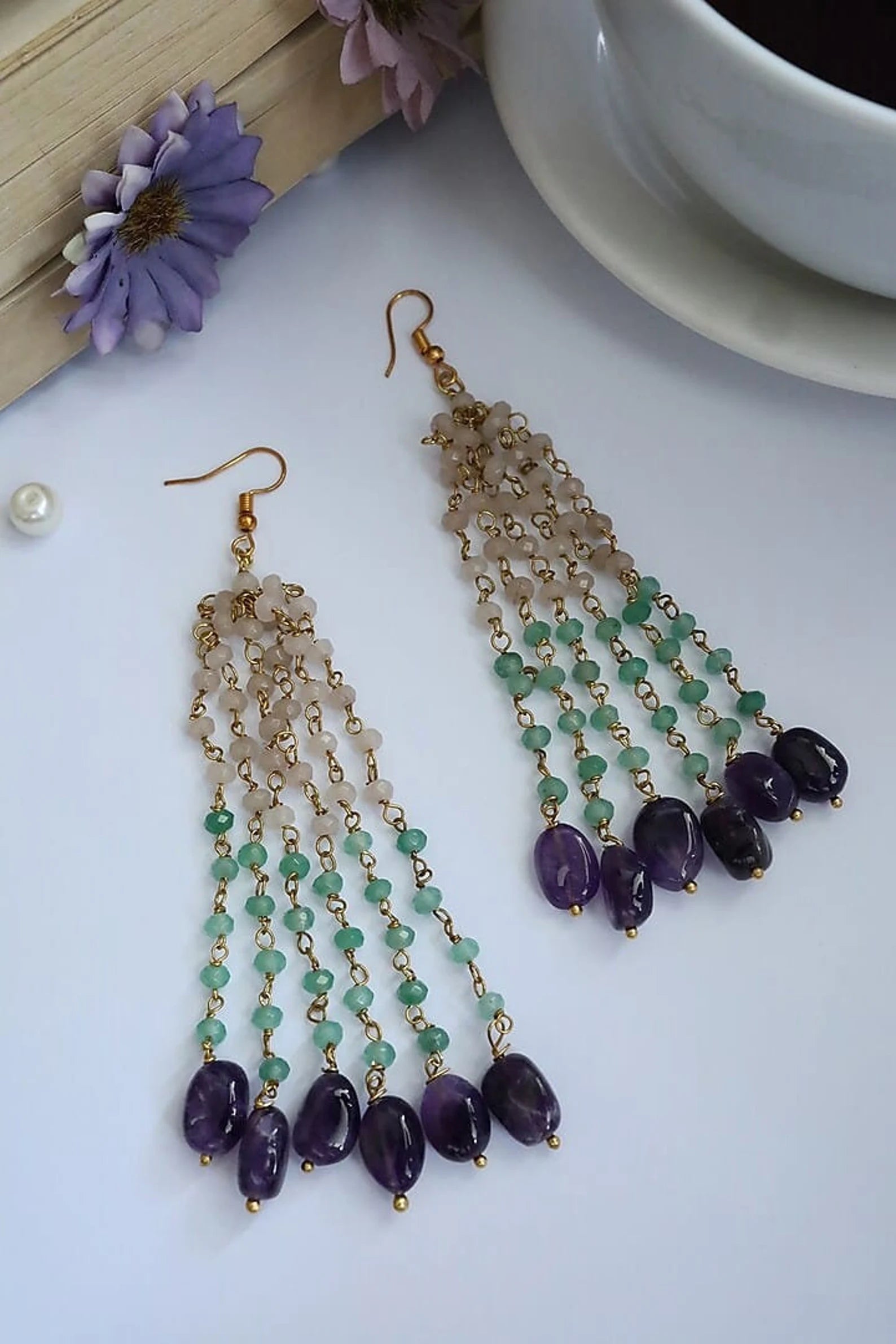 Stunning Long Chain Earrings with Beaded Onyx and Pearls for special events