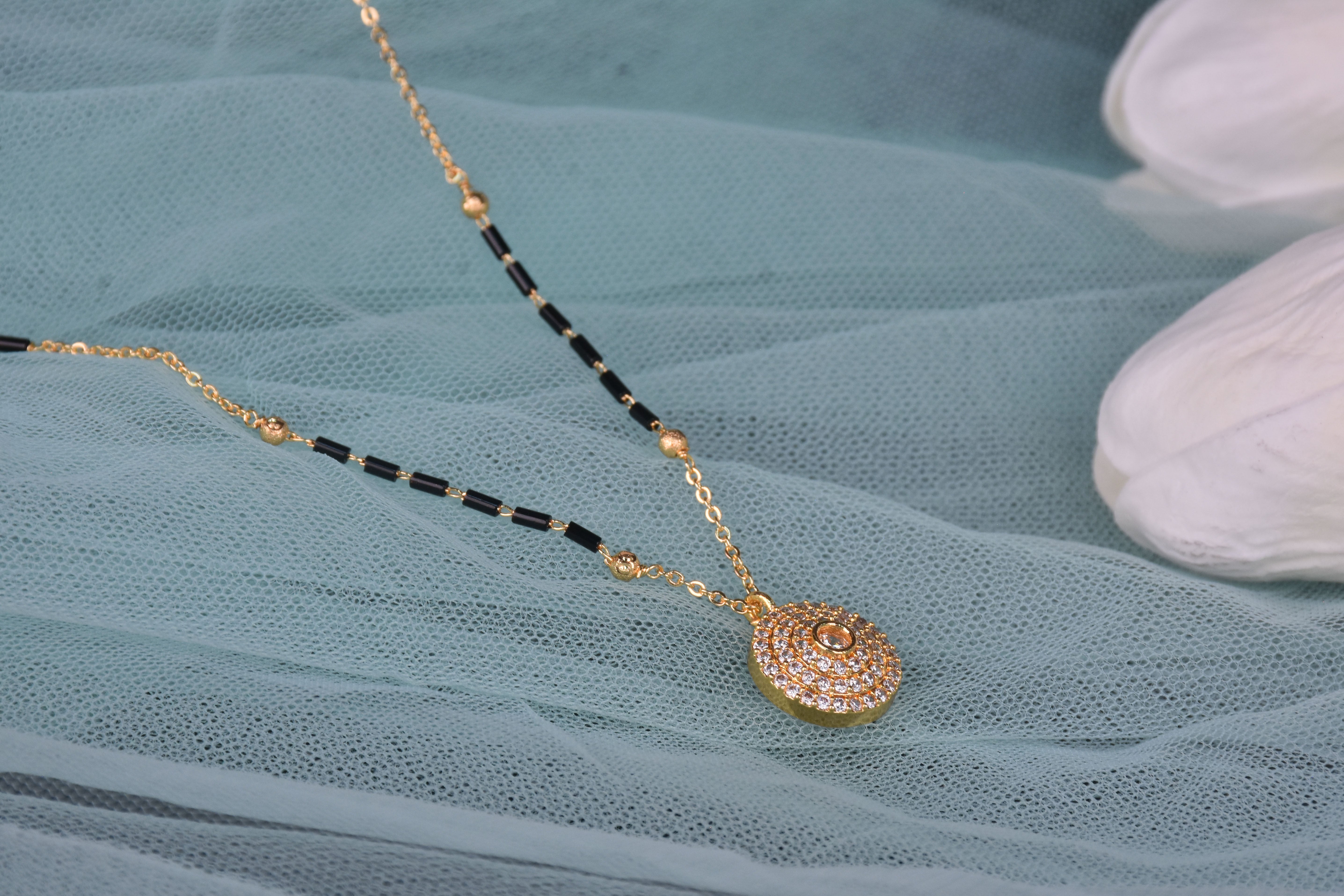 Gold Plated CZ Studded black Beads Embellished Mangalsutra For Women