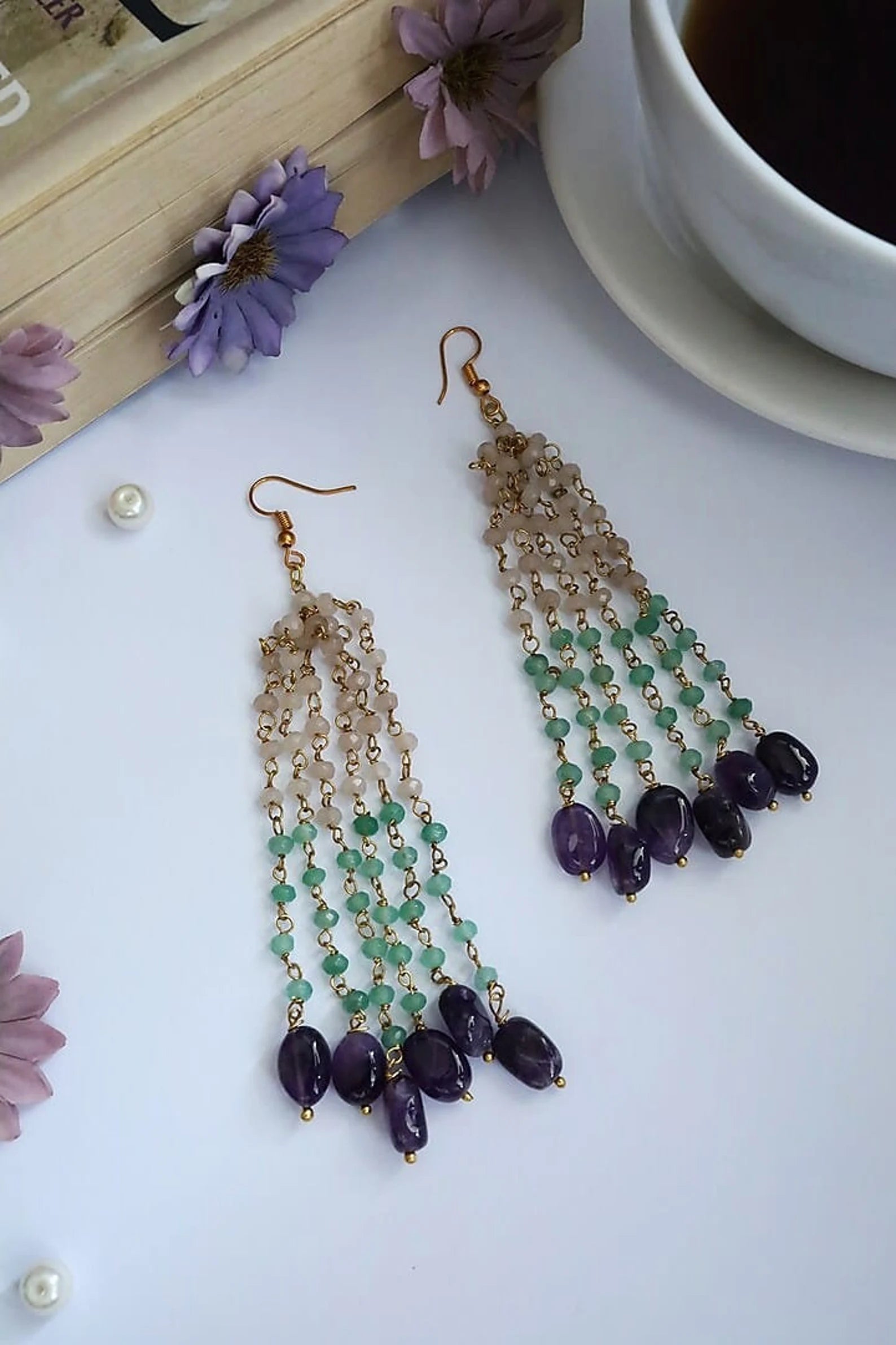 Stunning Long Chain Earrings with Beaded Onyx and Pearls for special events