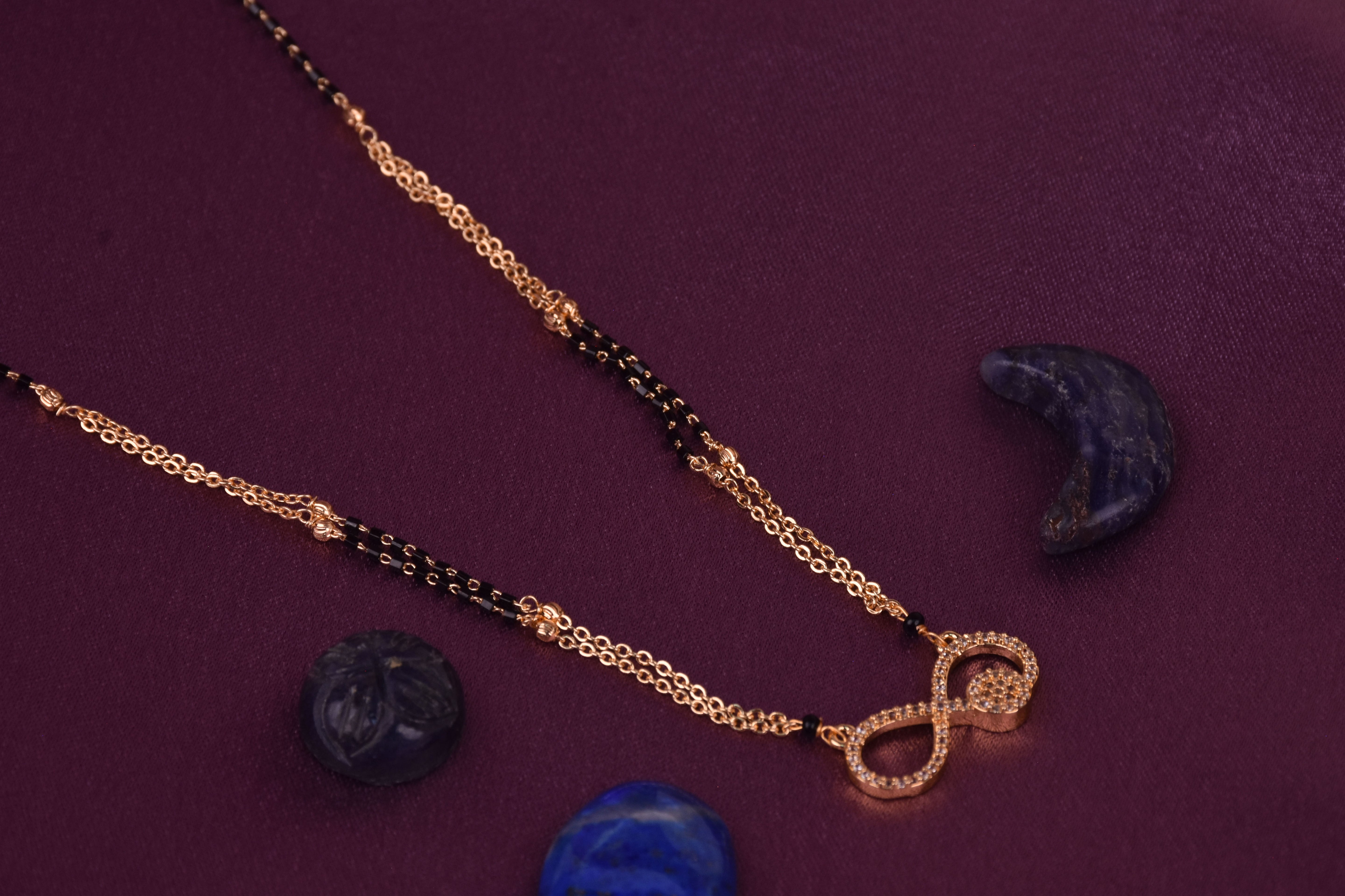 Cubic Zirconia Black Beads Mangalsutra, Handmade Gold Chain Necklace