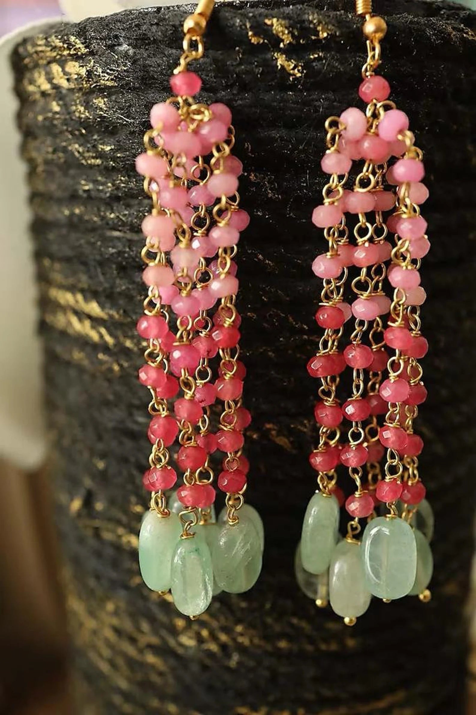 Stunning Long Chain Earrings with Beaded Onyx and Pearls for special events