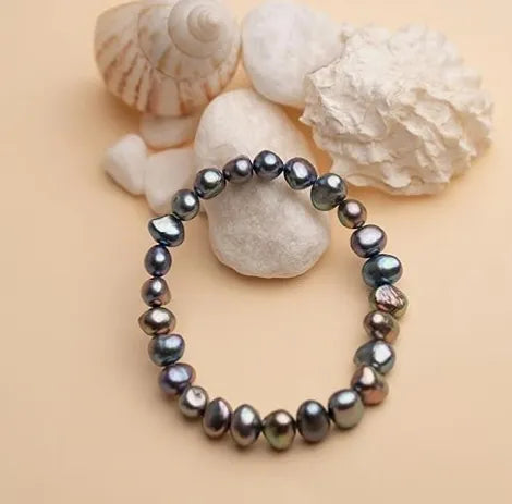 Black Real Genuine Baroque Pearl Elastic Bracelet