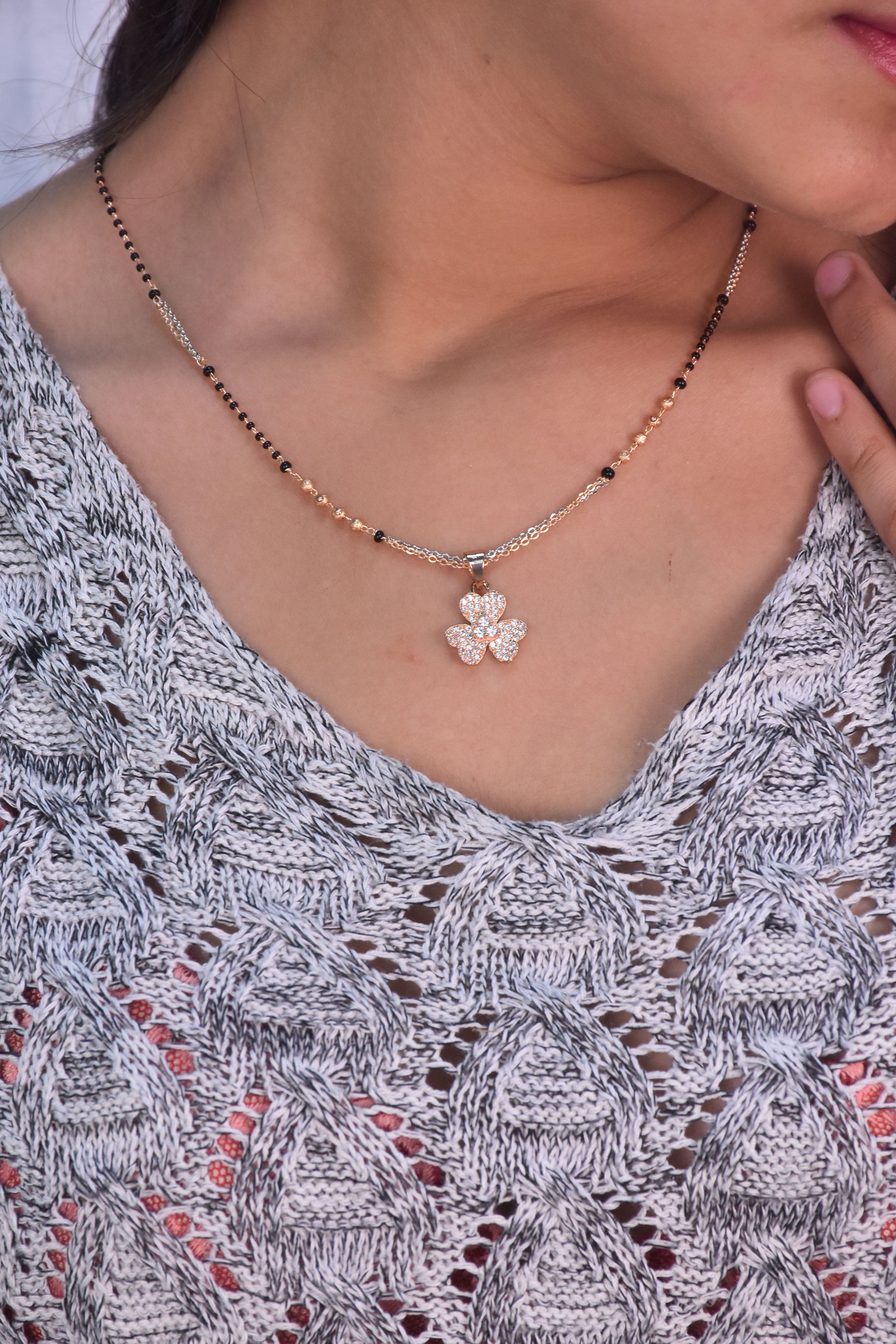 Diamond Cut CZ Stoned Floral Gold-Plated Trendy Mangalsutra