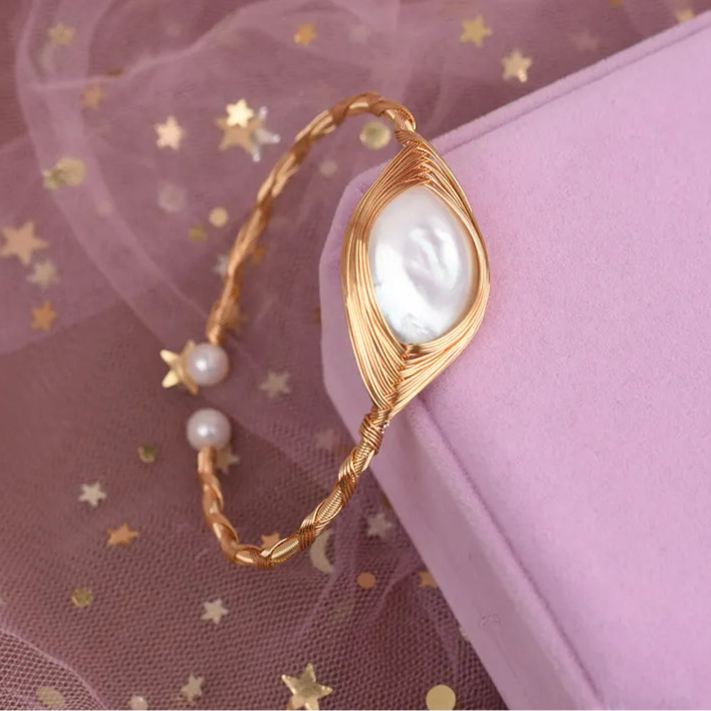 Natural Seawater Pearl Bangle Gold Bezel Bracelet Fashion Charm Bracelet Jewelry